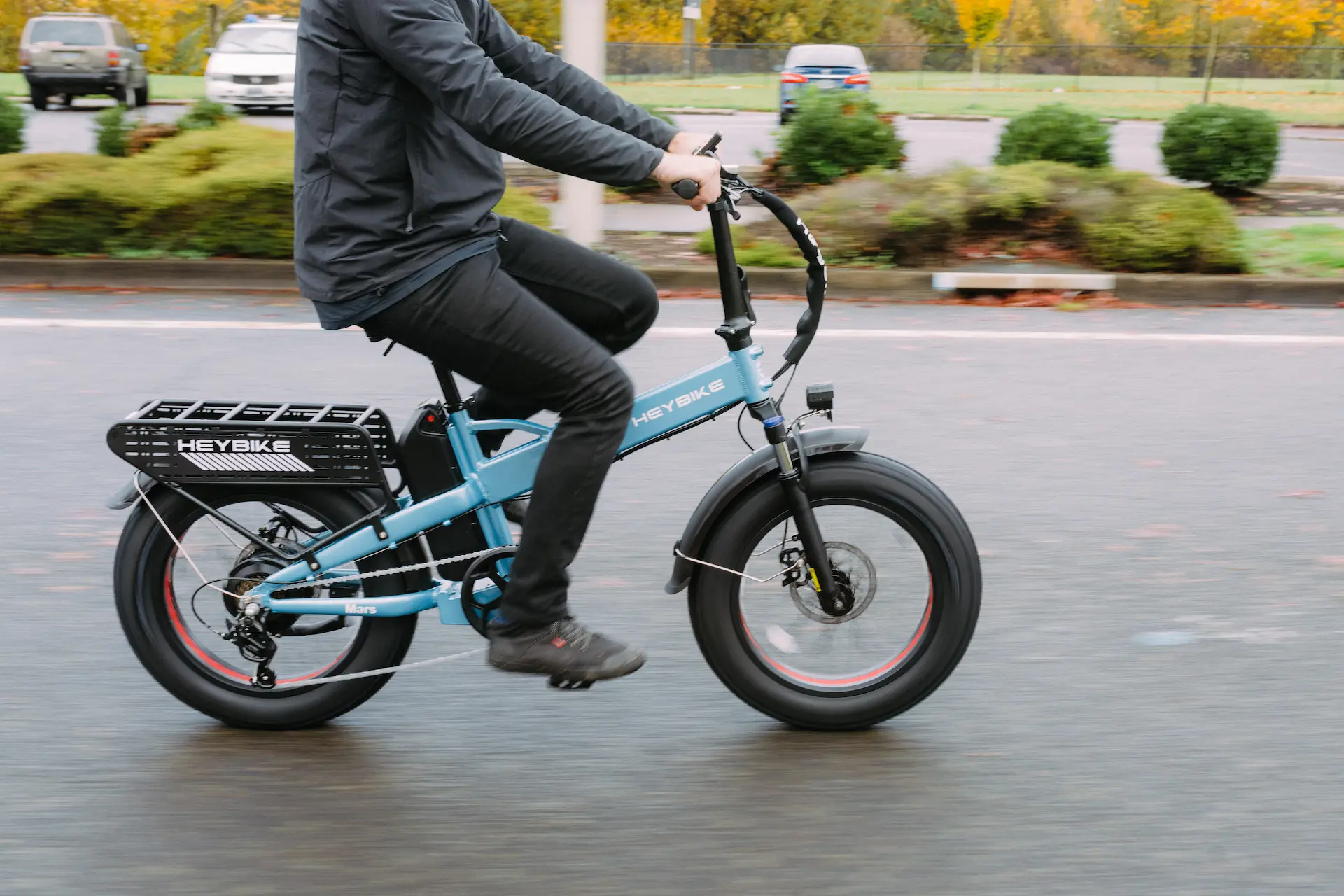 Man riding folding electric bike